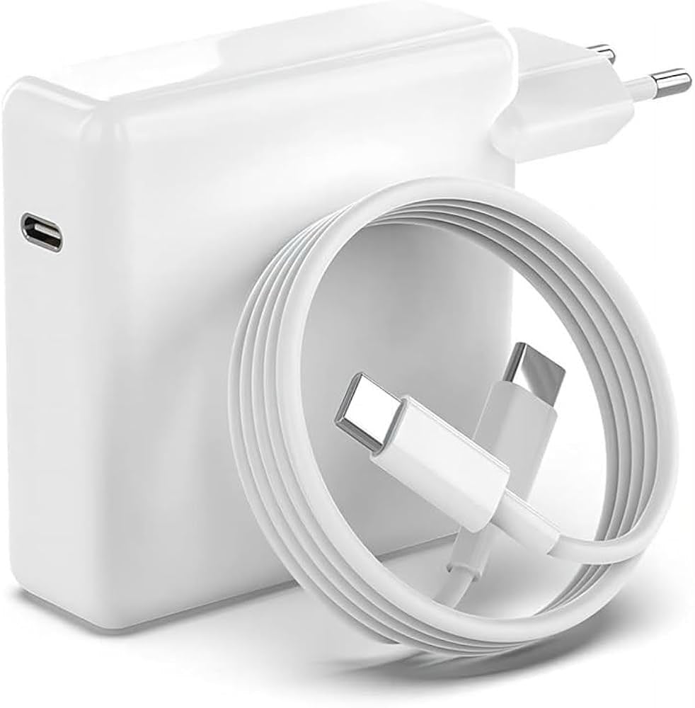 USB-C wall charger with USB-C to USB-C cable on white background