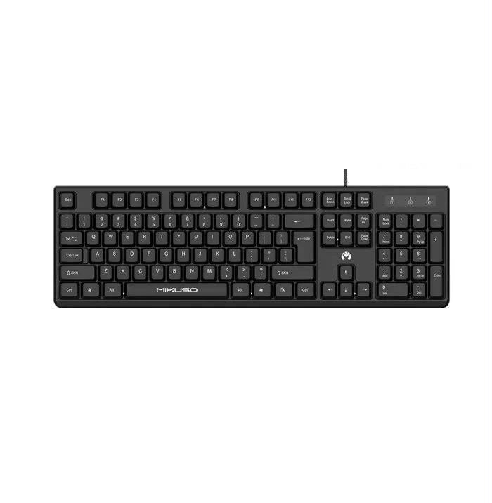 Mikuso wired full-size black keyboard with numpad on white background