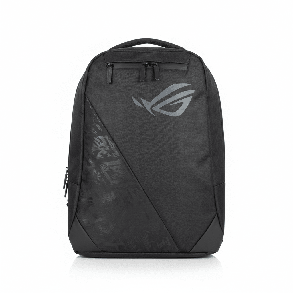 ASUS ROG gaming backpack black with ROG logo on white background