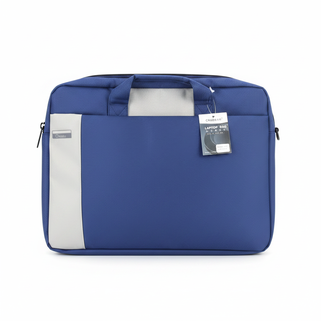 CkoDATE blue and grey laptop bag on white background