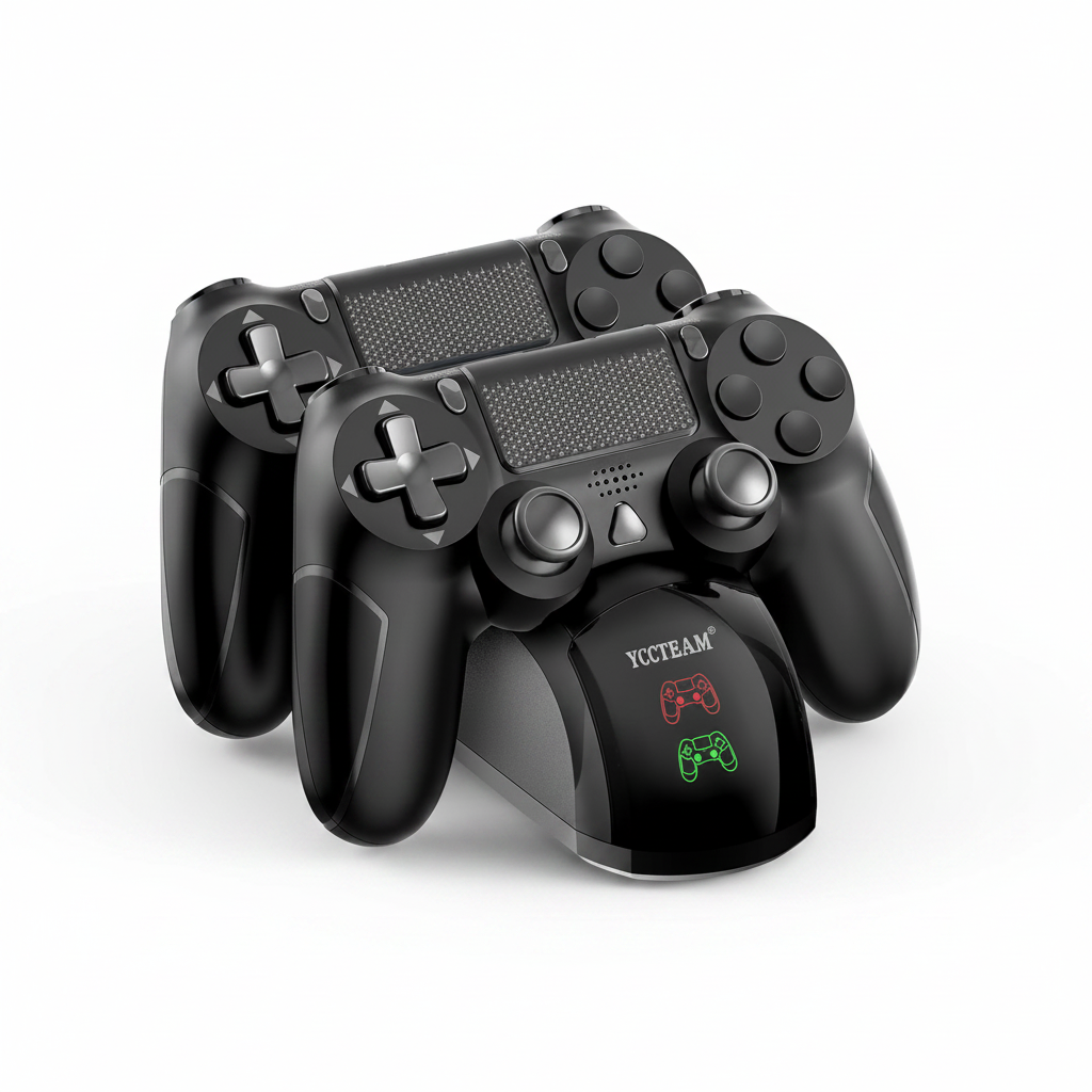 YCCTEAM PS4 dual fast charging dock with two controllers on white background
