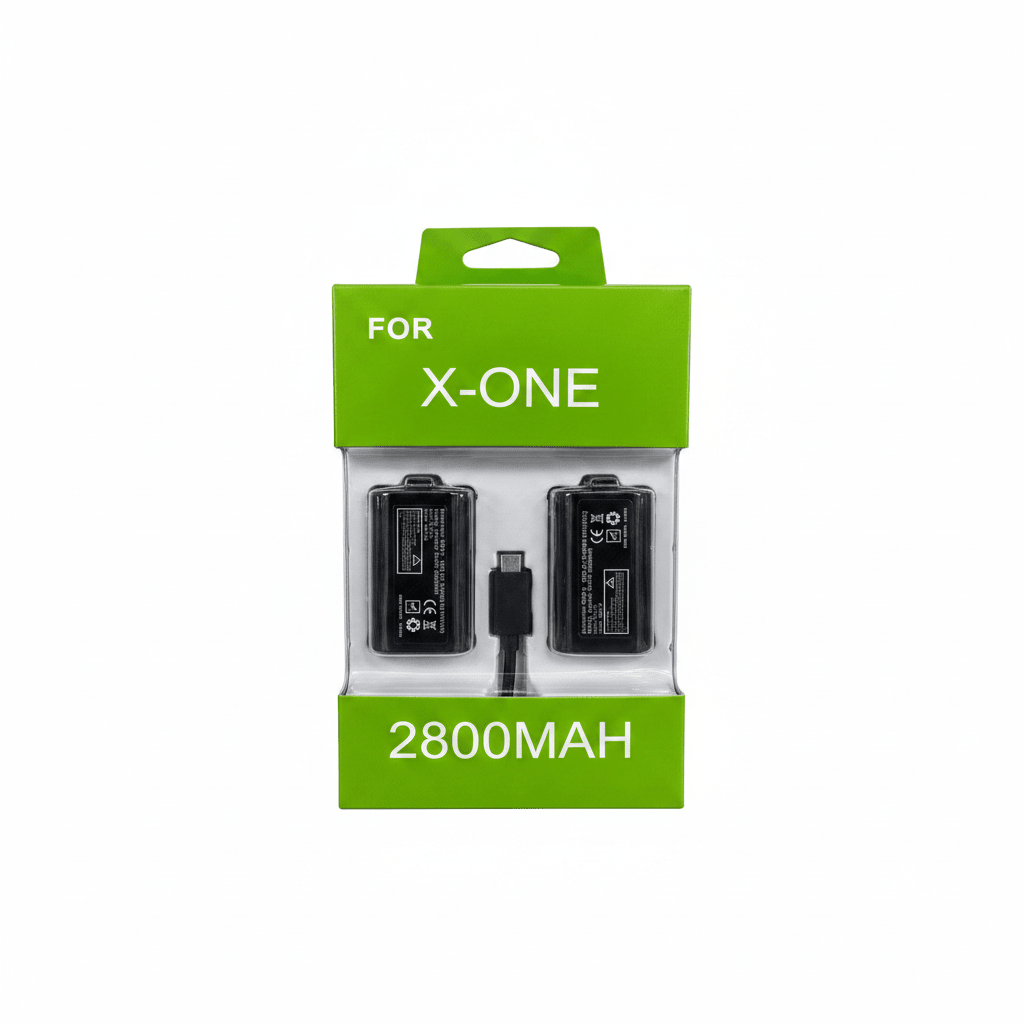 Xbox One 2800mAh rechargeable battery pack in green packaging on white background