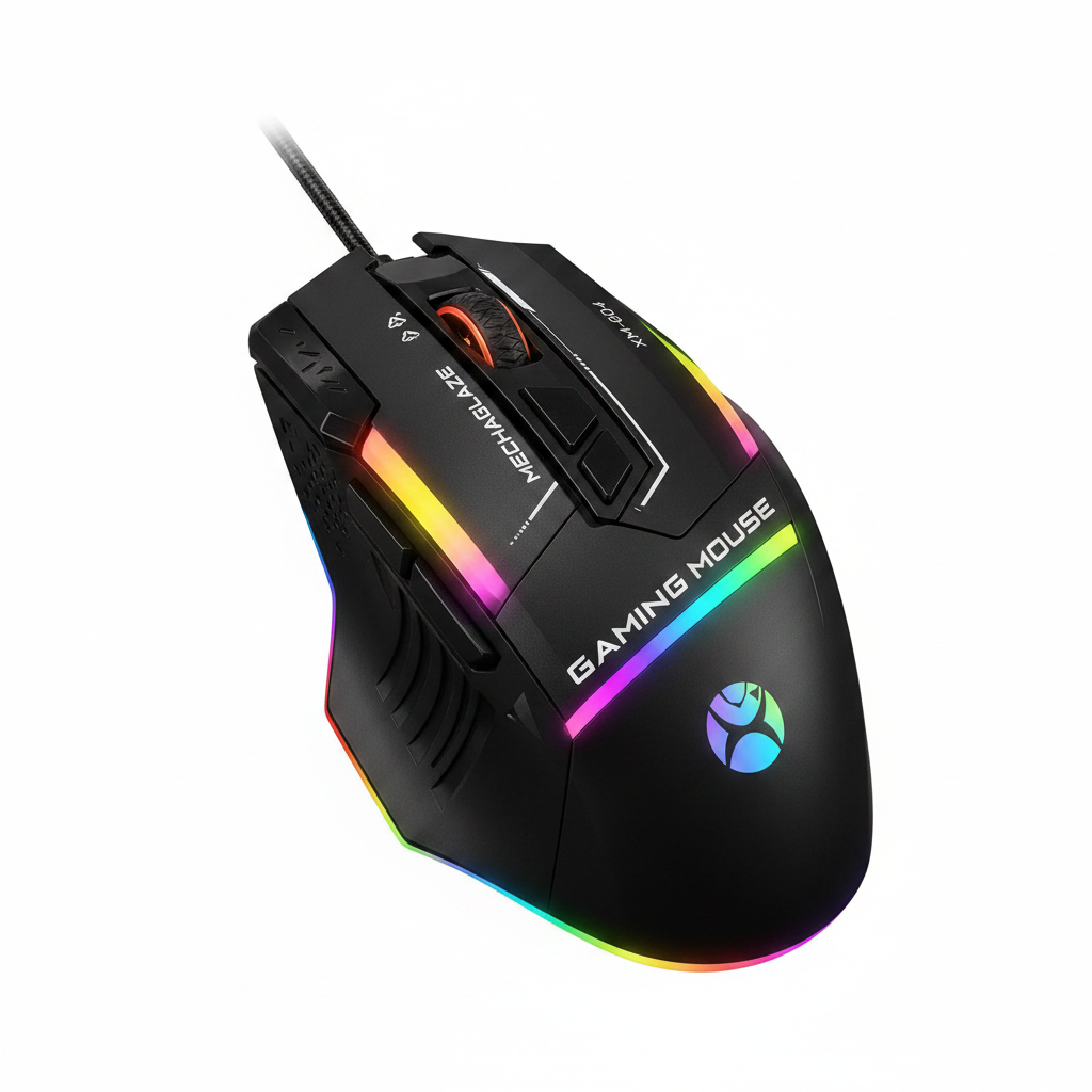 Mikuso MechaGlaze XM-604 black RGB gaming mouse on white background