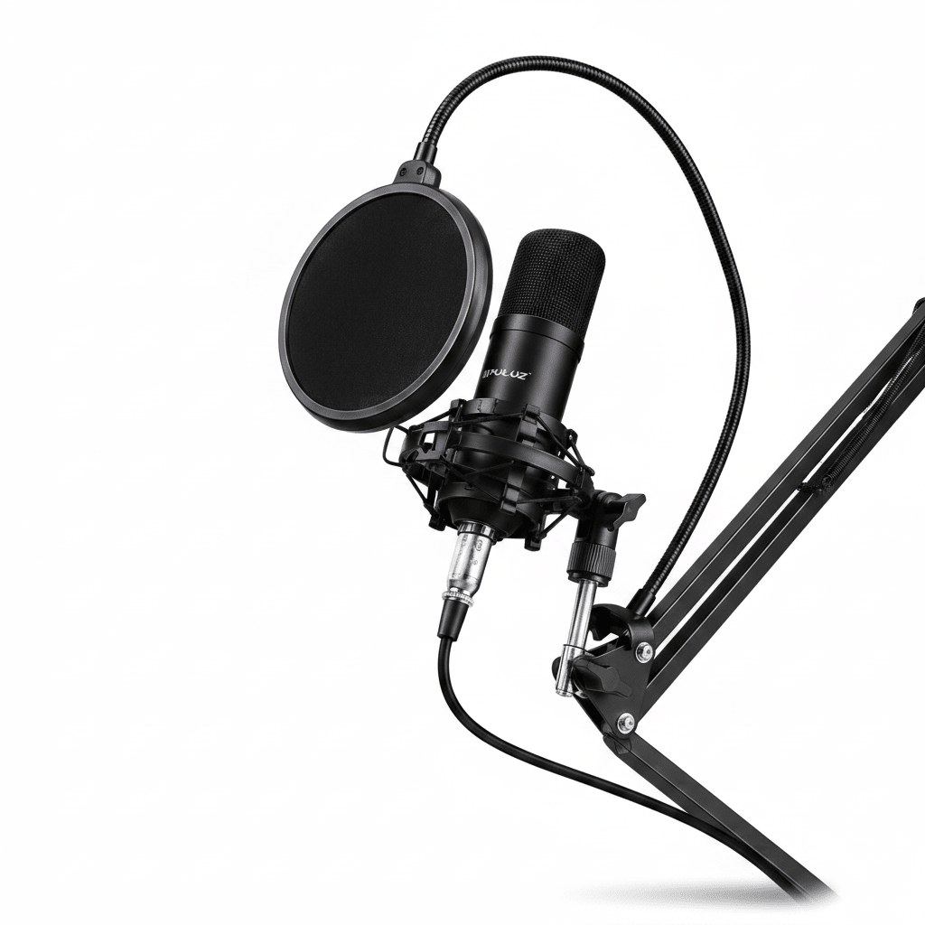 Puluz podcast condenser microphone with scissor arm and pop filter on white background
