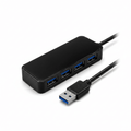 Black USB 3.0 4-port hub with cable on white background