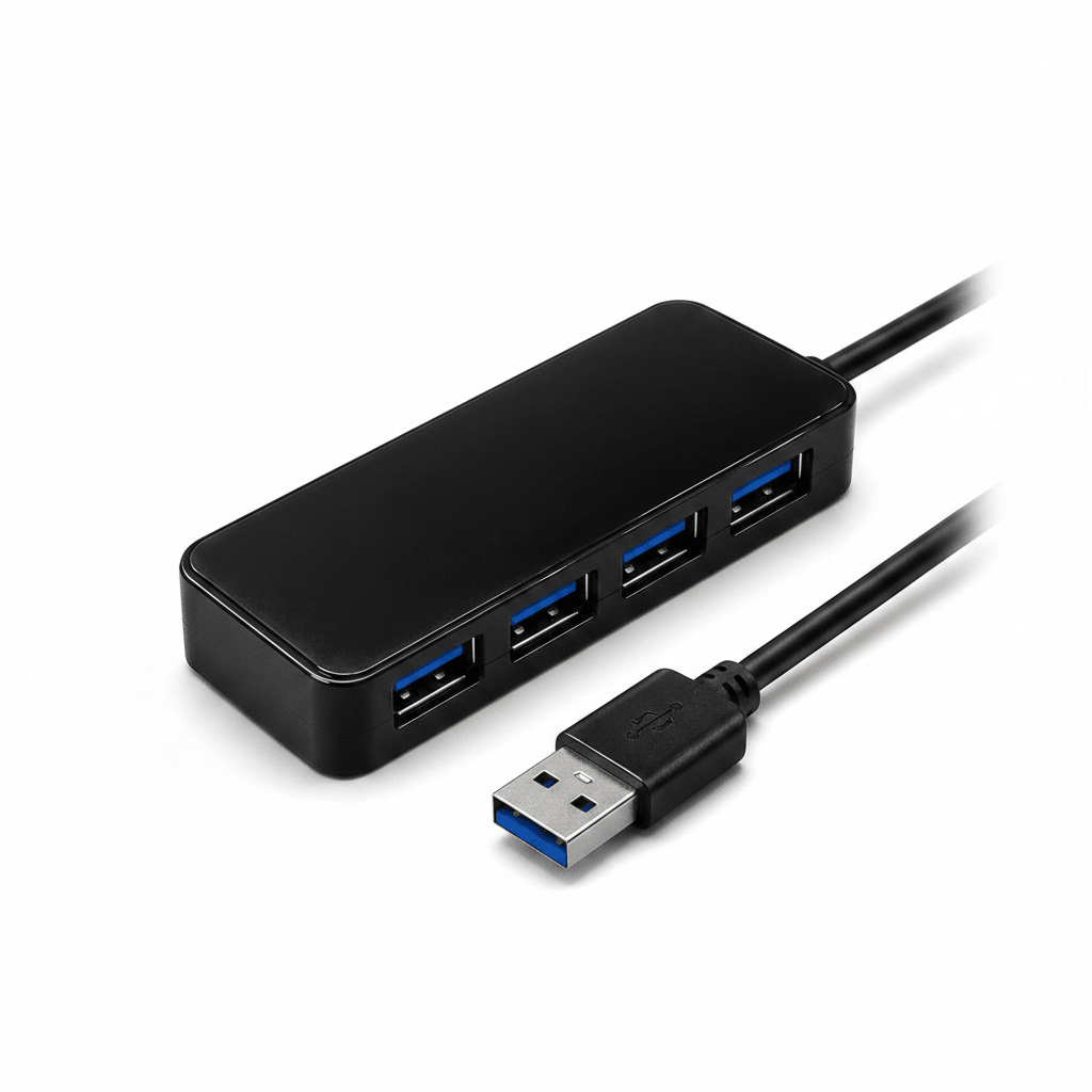 Black USB 3.0 4-port hub with cable on white background