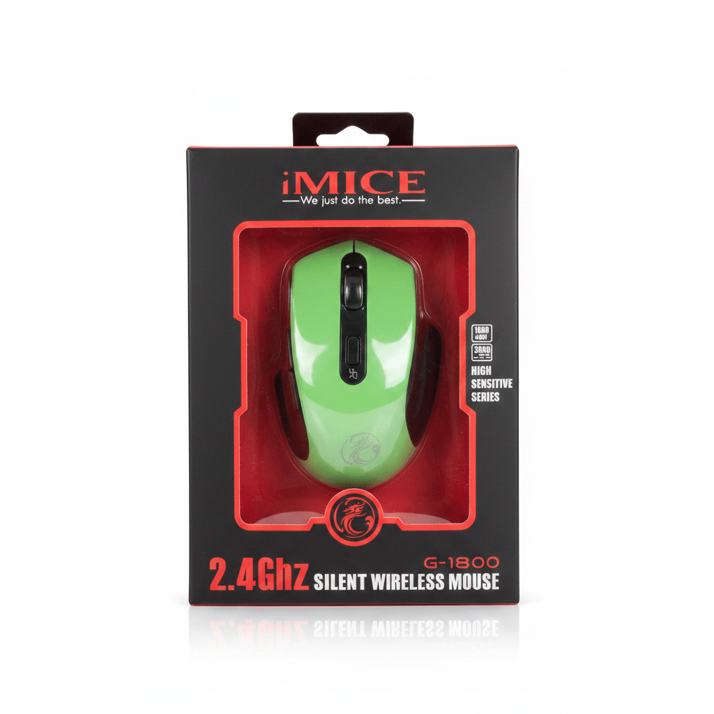 iMICE G-1800 green wireless mouse box on white background