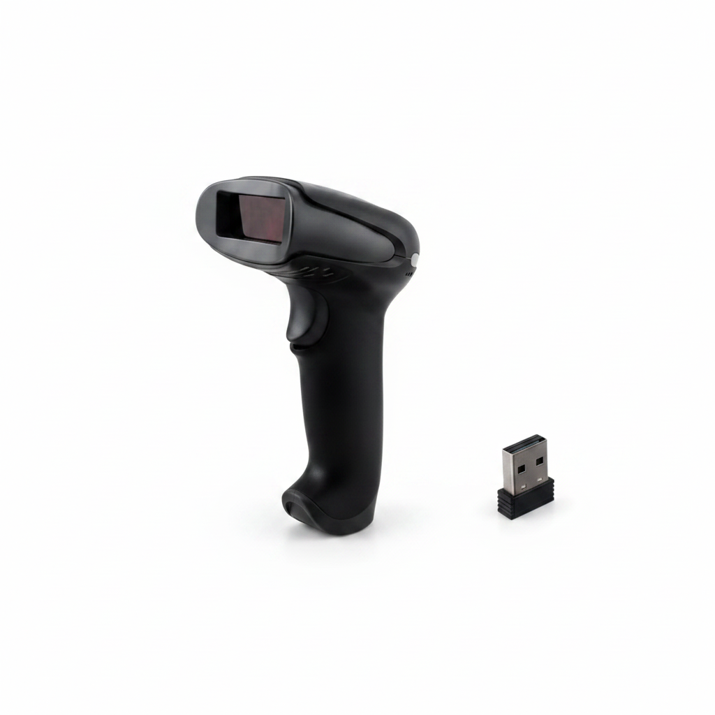 Wireless barcode scanner with USB dongle on white background