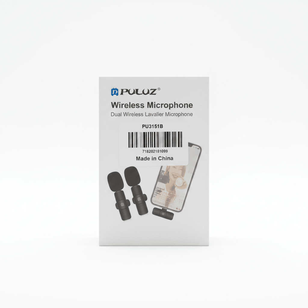 PULUZ PU3151B dual wireless lavalier microphone box on white background