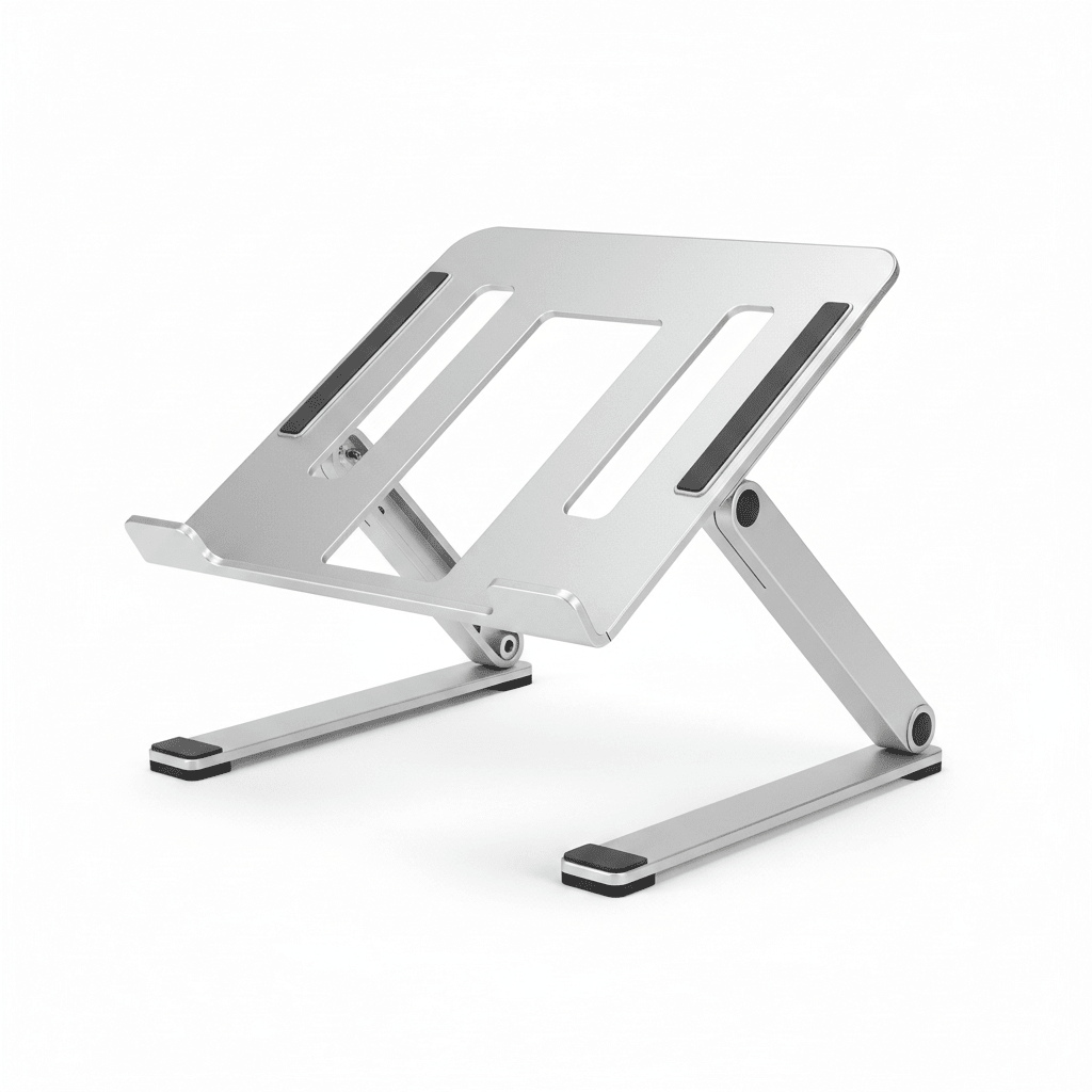 Silver aluminium laptop stand on white background