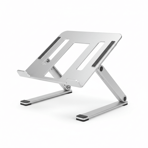 Silver aluminium laptop stand on white background
