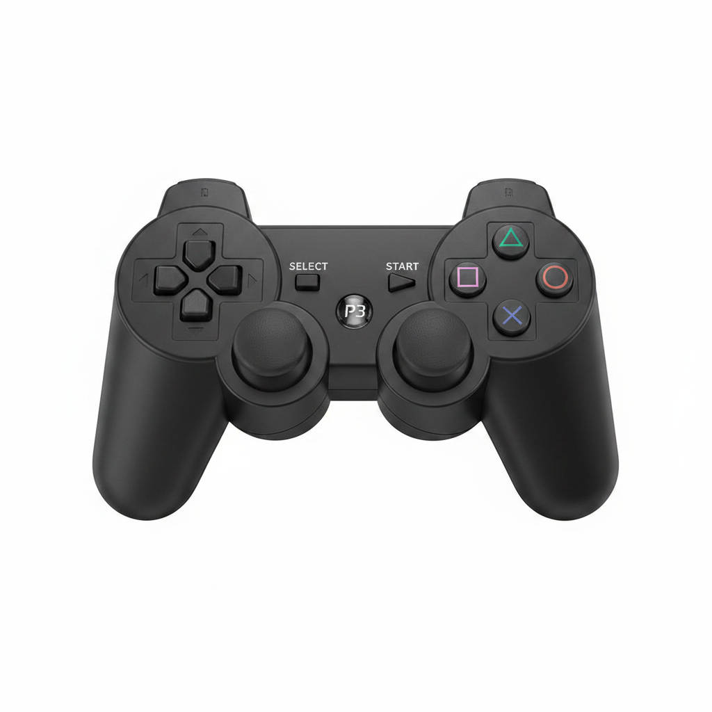 Black PS3 wireless Bluetooth controller on white background