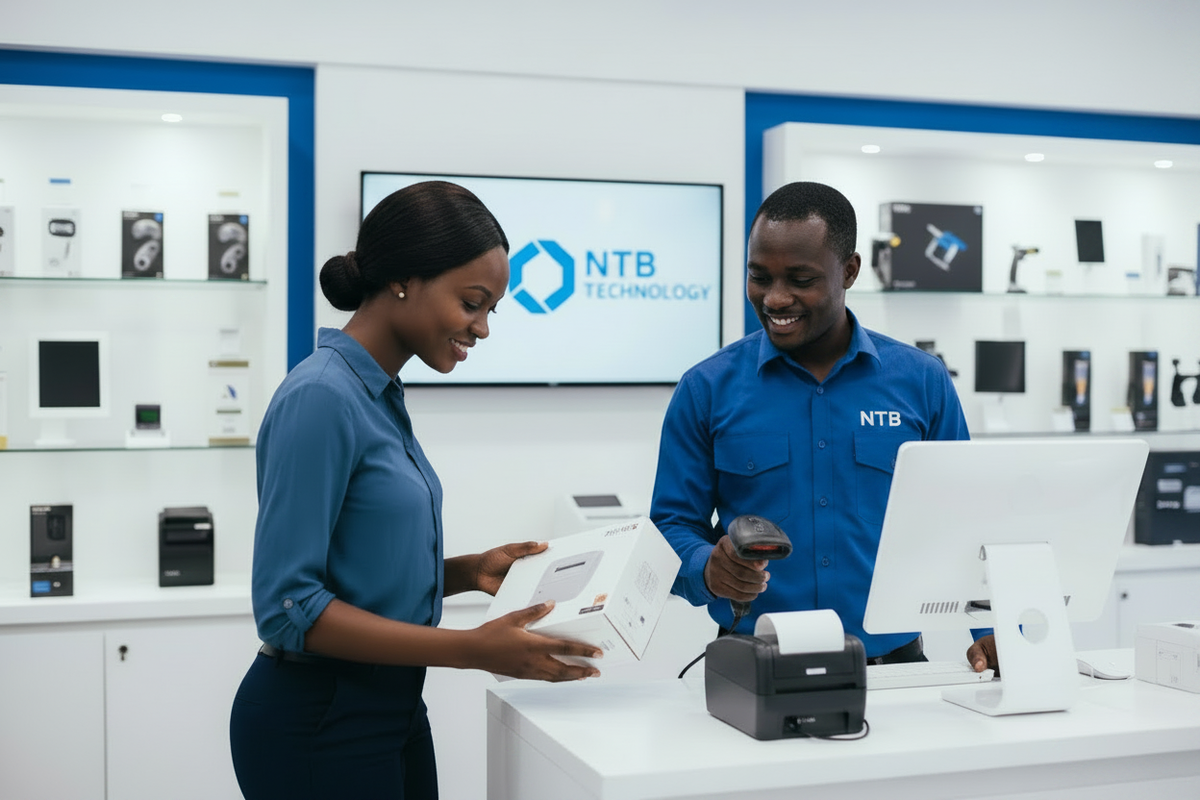 NTB hero – store owner in NTB golf shirt helping a shopper